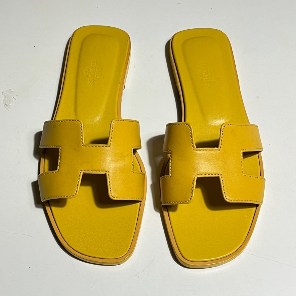 Hermes Yellow Oran H-Strap Slide Sandals